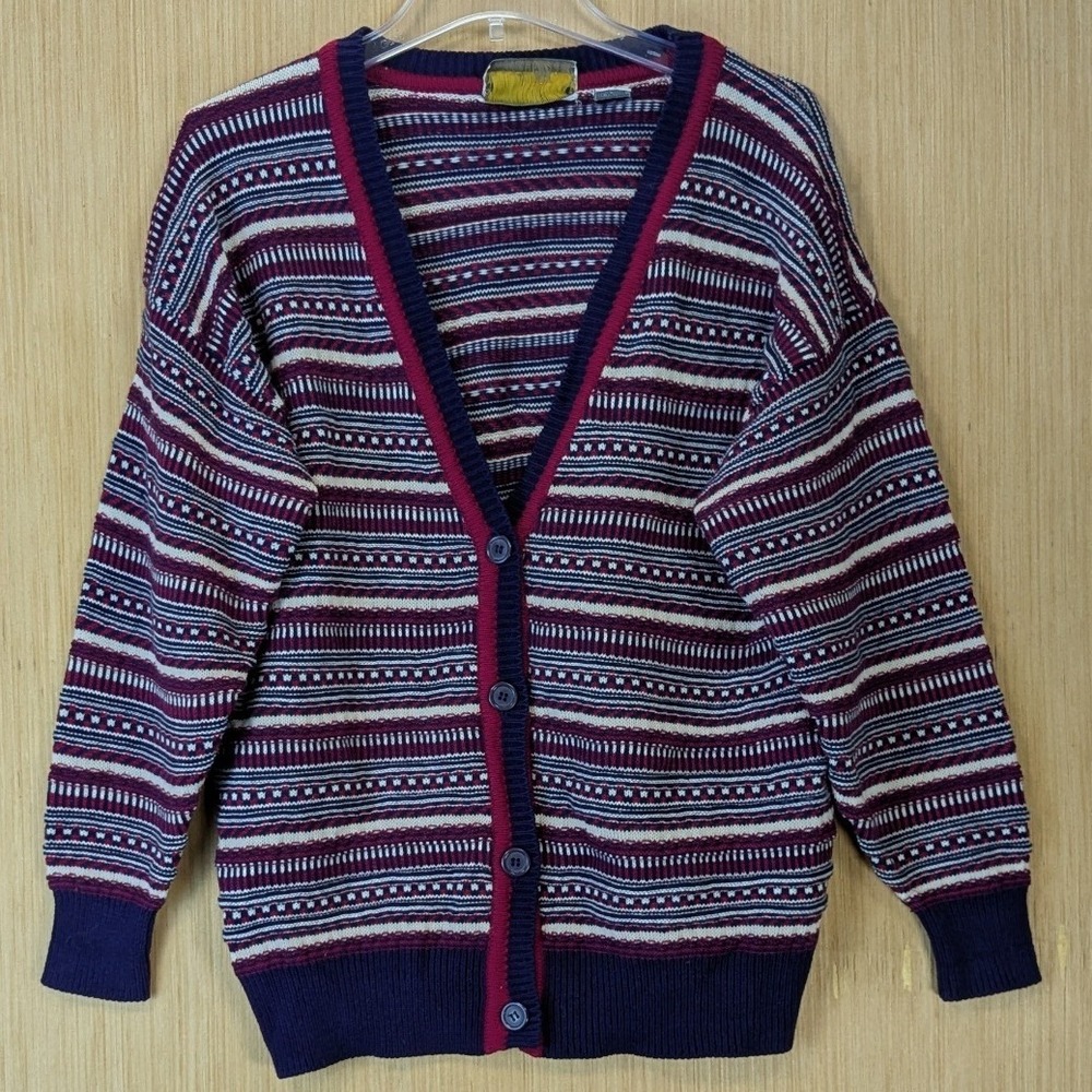 Vintage 80s 90s Granny Retro Knit Cardigan Sweater Large Navy Burgundy Geometric